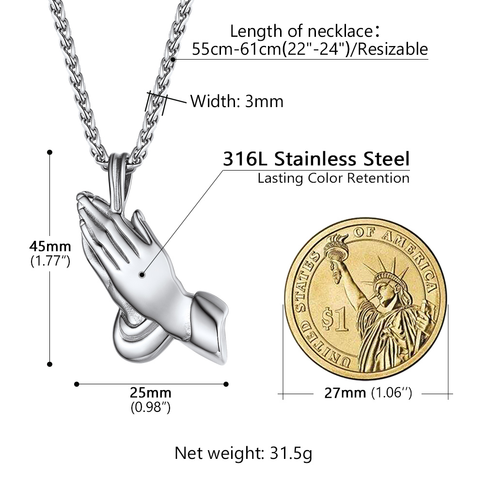Praying Hand Pendant Necklace Details-Necklace Length, Weight