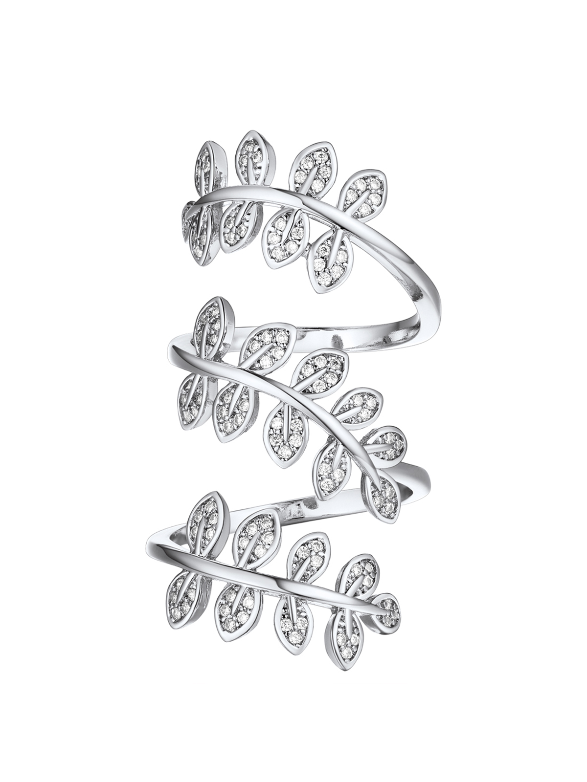 Adjustable Leaf Statement Ring with CZ in Platinum