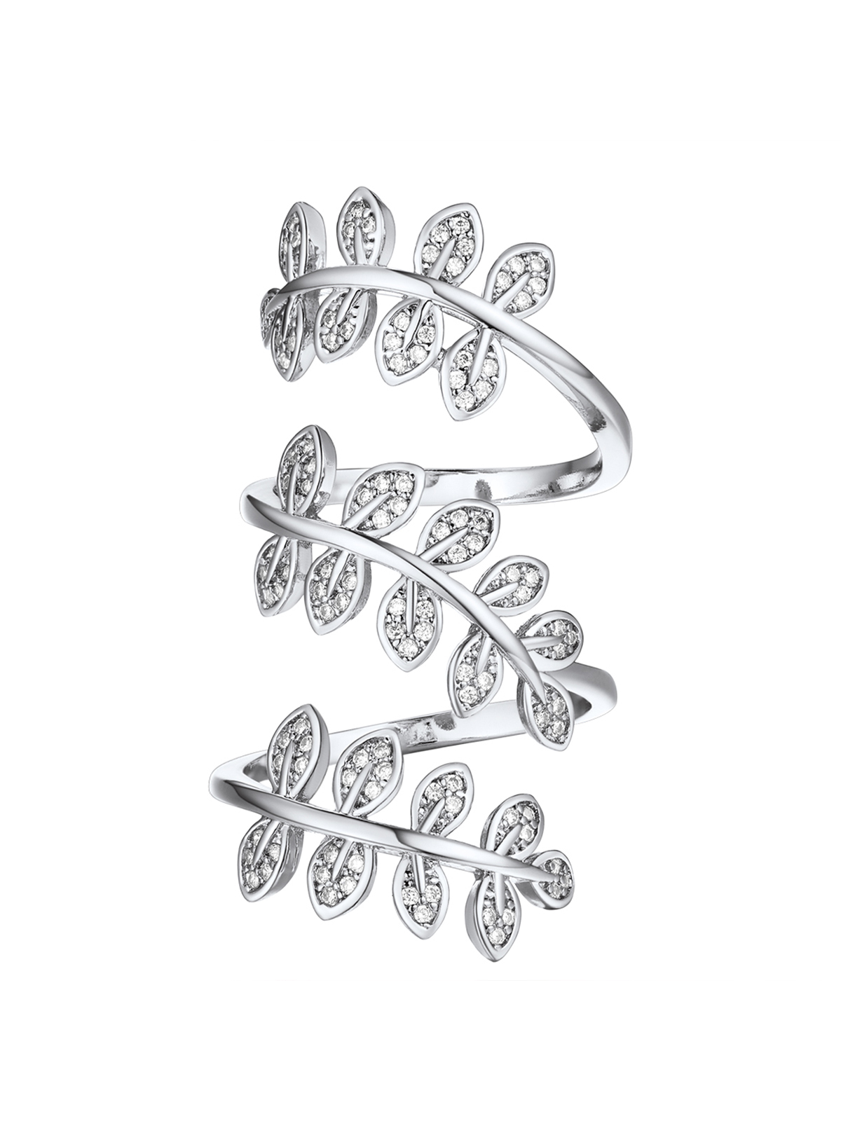 Adjustable Leaf Statement Ring with CZ in Platinum