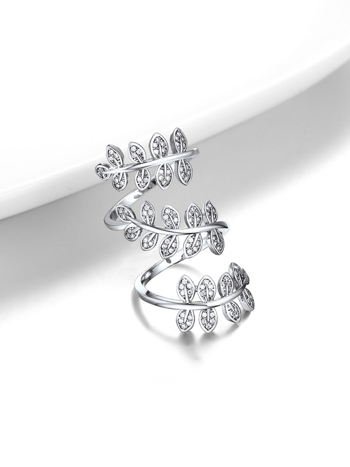Adjustable Leaf Statement Ring with CZ in Platinum