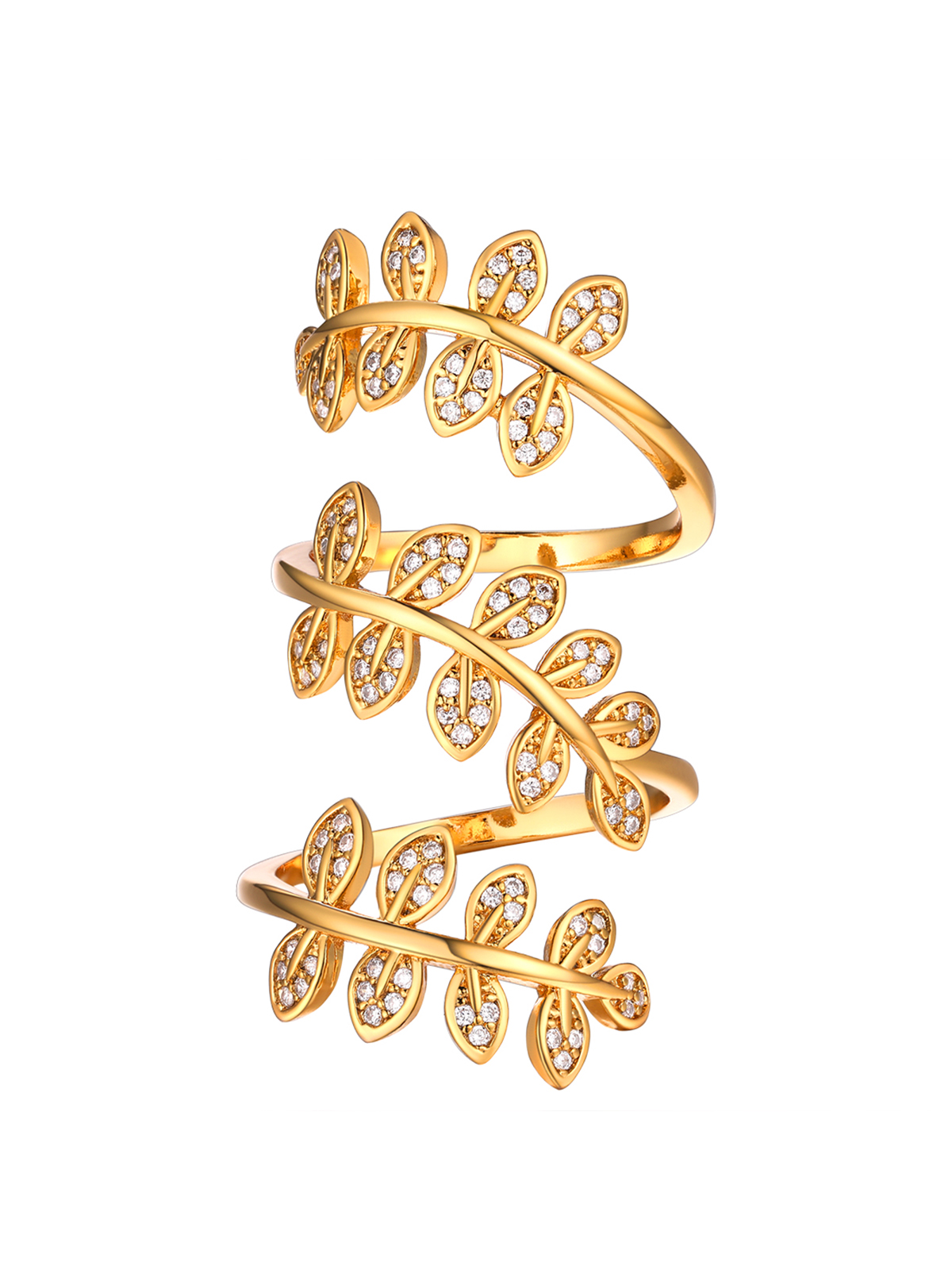 Adjustable Leaf Statement Ring with CZ in 18K Gold