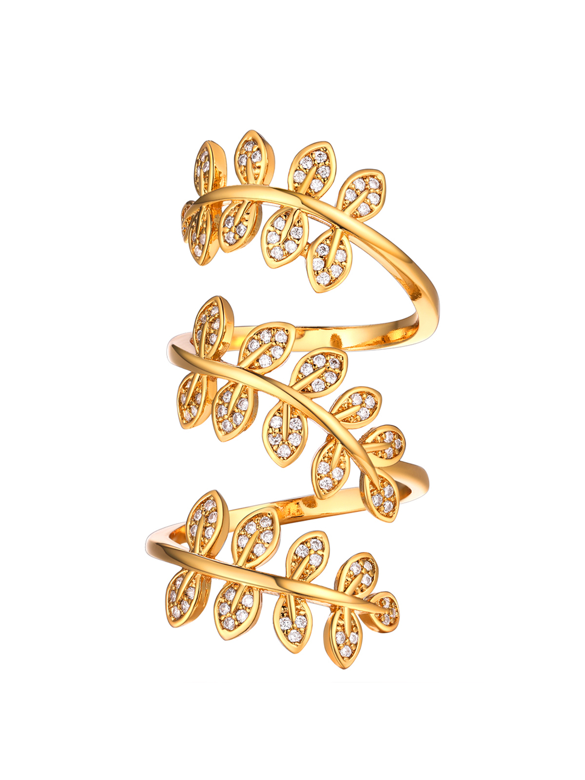 Adjustable Leaf Statement Ring with CZ in 18K Gold