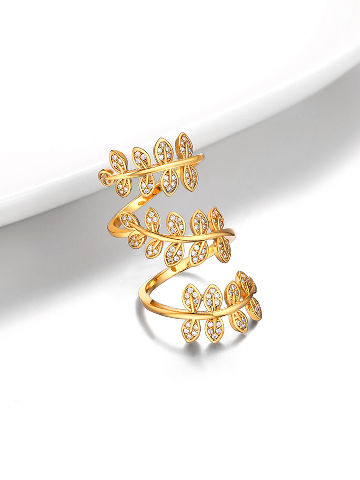Adjustable Leaf Statement Ring with CZ in 18K Gold