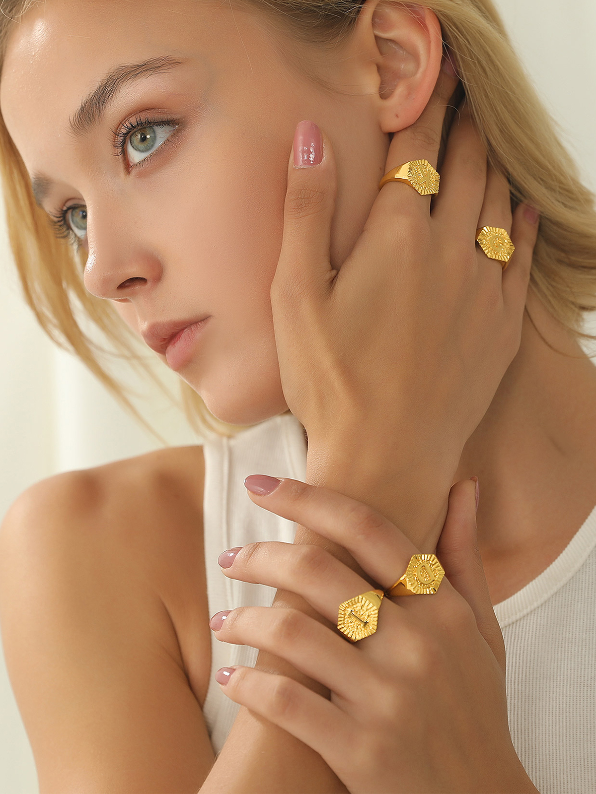 Adjustable Initial Hexagon Signet Statement Ring in 18K Gold