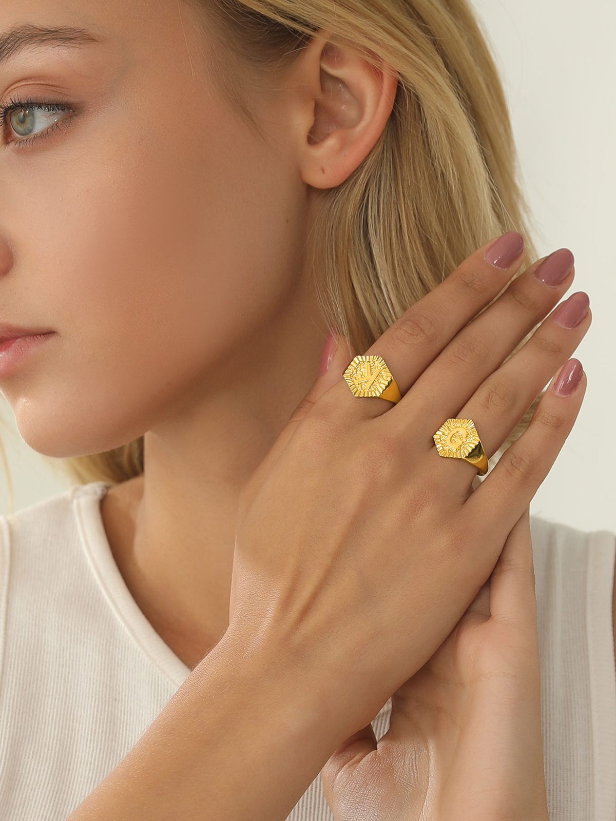 Adjustable Initial Hexagon Signet Statement Ring in 18K Gold