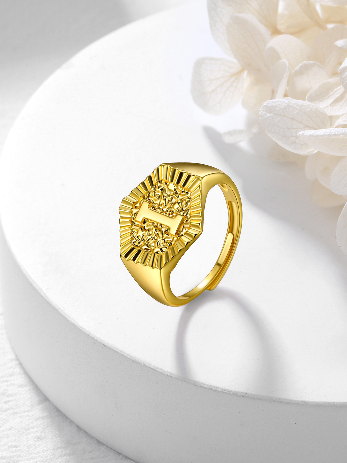 Adjustable Initial Hexagon Signet Statement Ring in 18K Gold