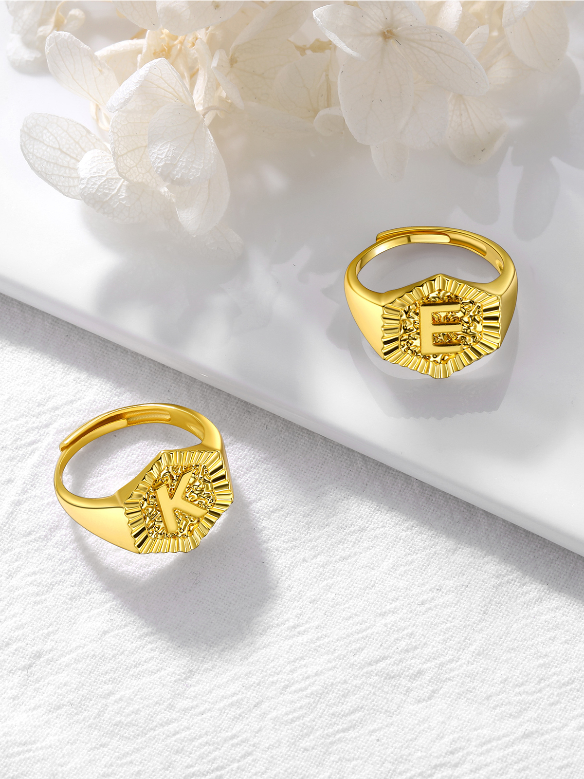 Adjustable Initial Hexagon Signet Statement Ring in 18K Gold