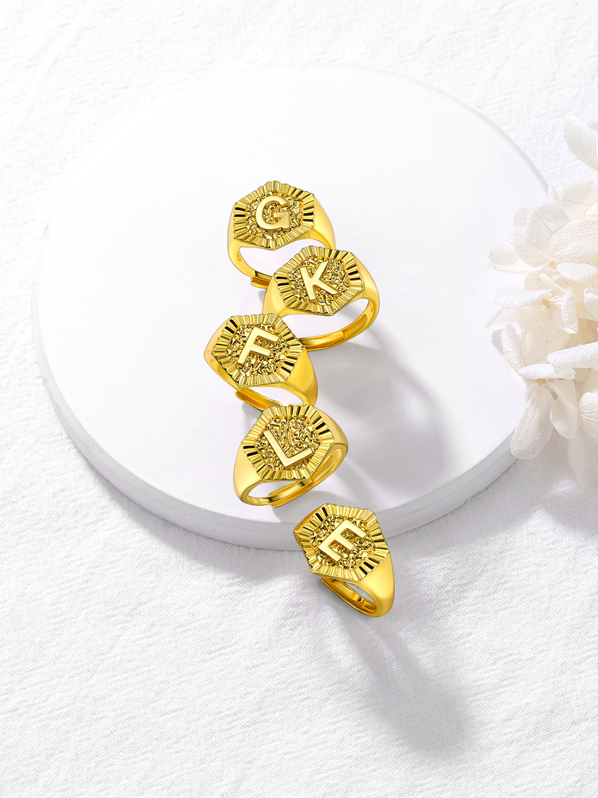 Adjustable Initial Hexagon Signet Statement Ring in 18K Gold