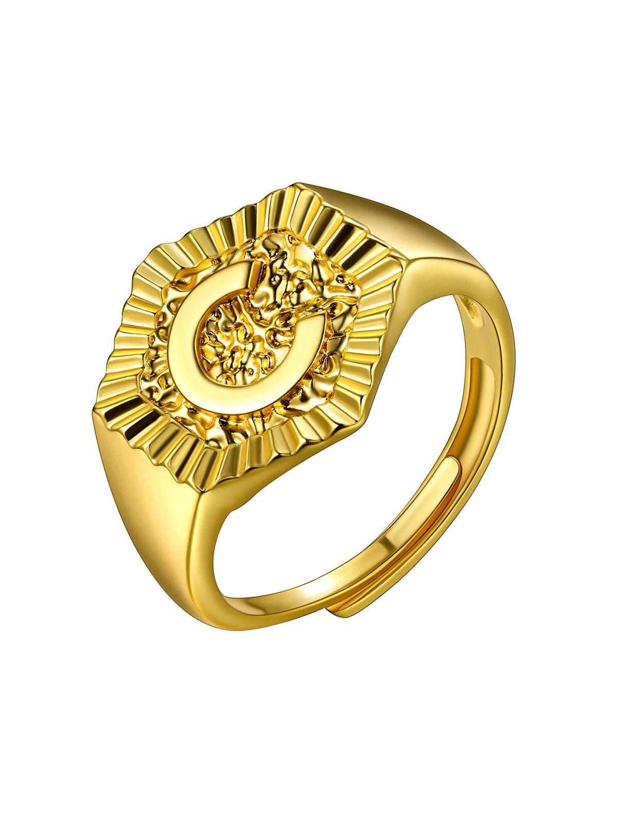 Adjustable Initial Hexagon Signet Statement Ring in 18K Gold