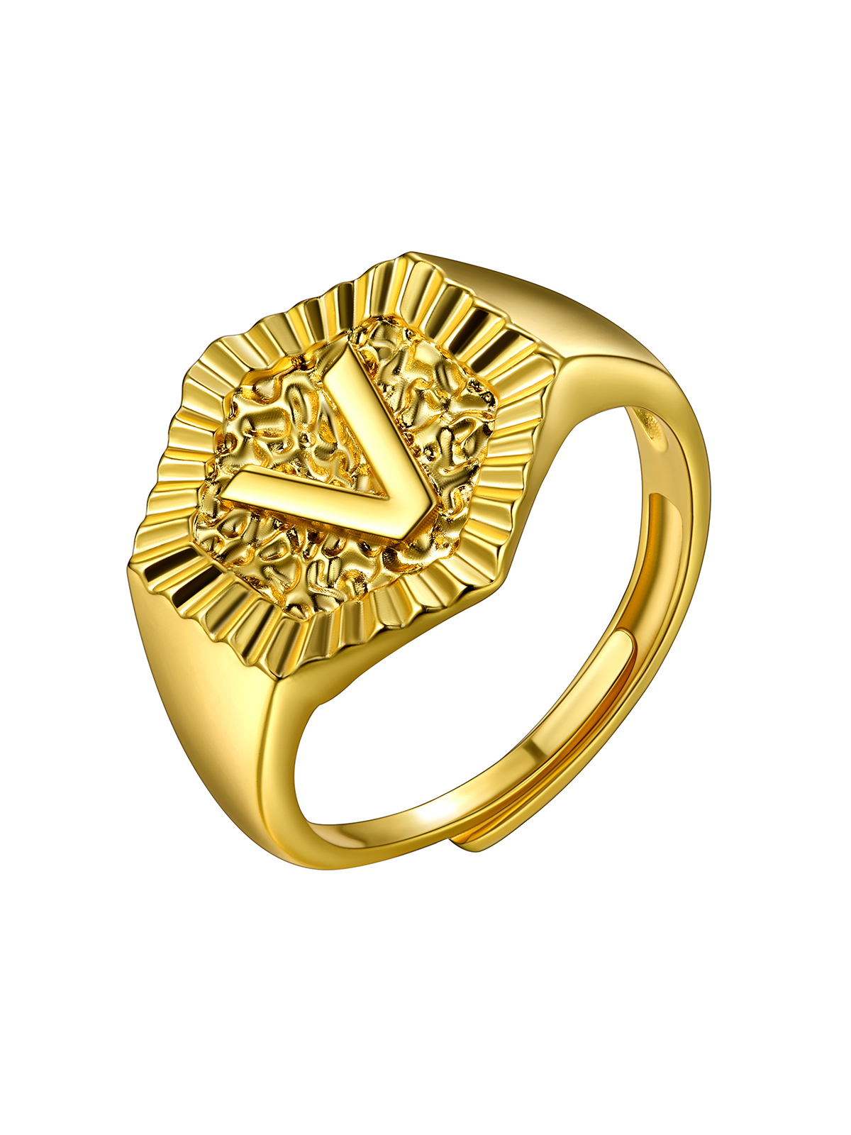 Adjustable Initial Hexagon Signet Statement Ring in 18K Gold