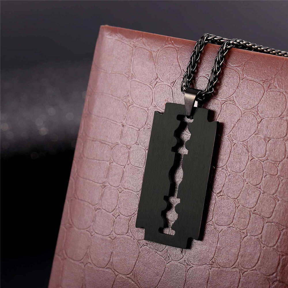 Razor Blade Pendant Necklace, Black Plated-01