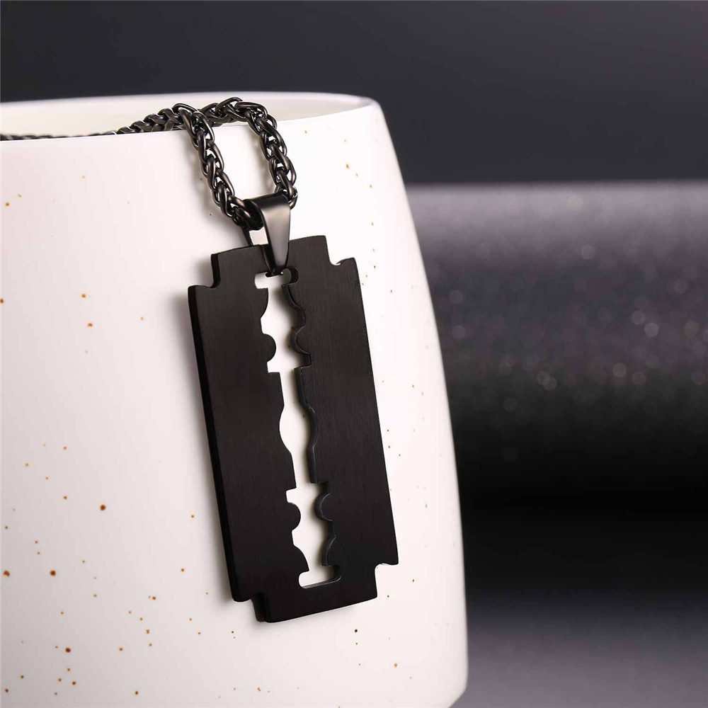 Razor Blade Pendant Necklace, Black Plated-02