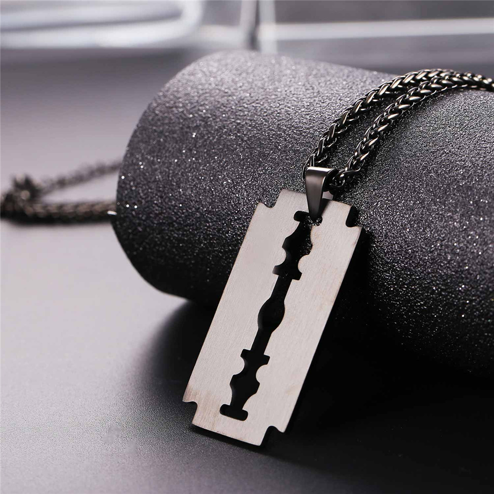 Razor Blade Pendant Necklace, Black Plated-03