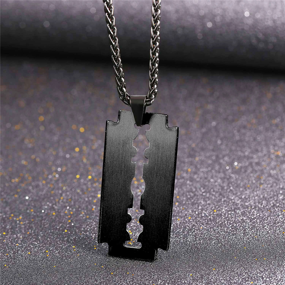 Razor Blade Pendant Necklace, Black Plated-04
