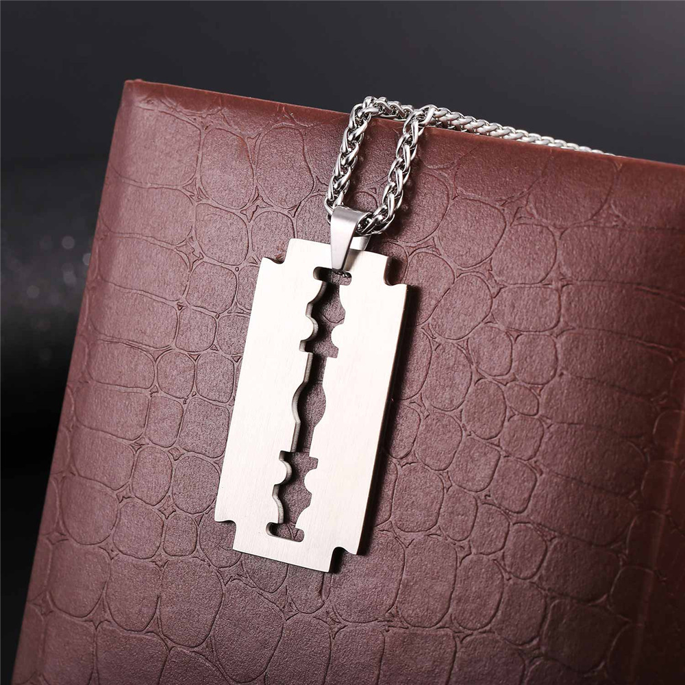Razor Blade Pendant Necklace, Stainless Steel-01