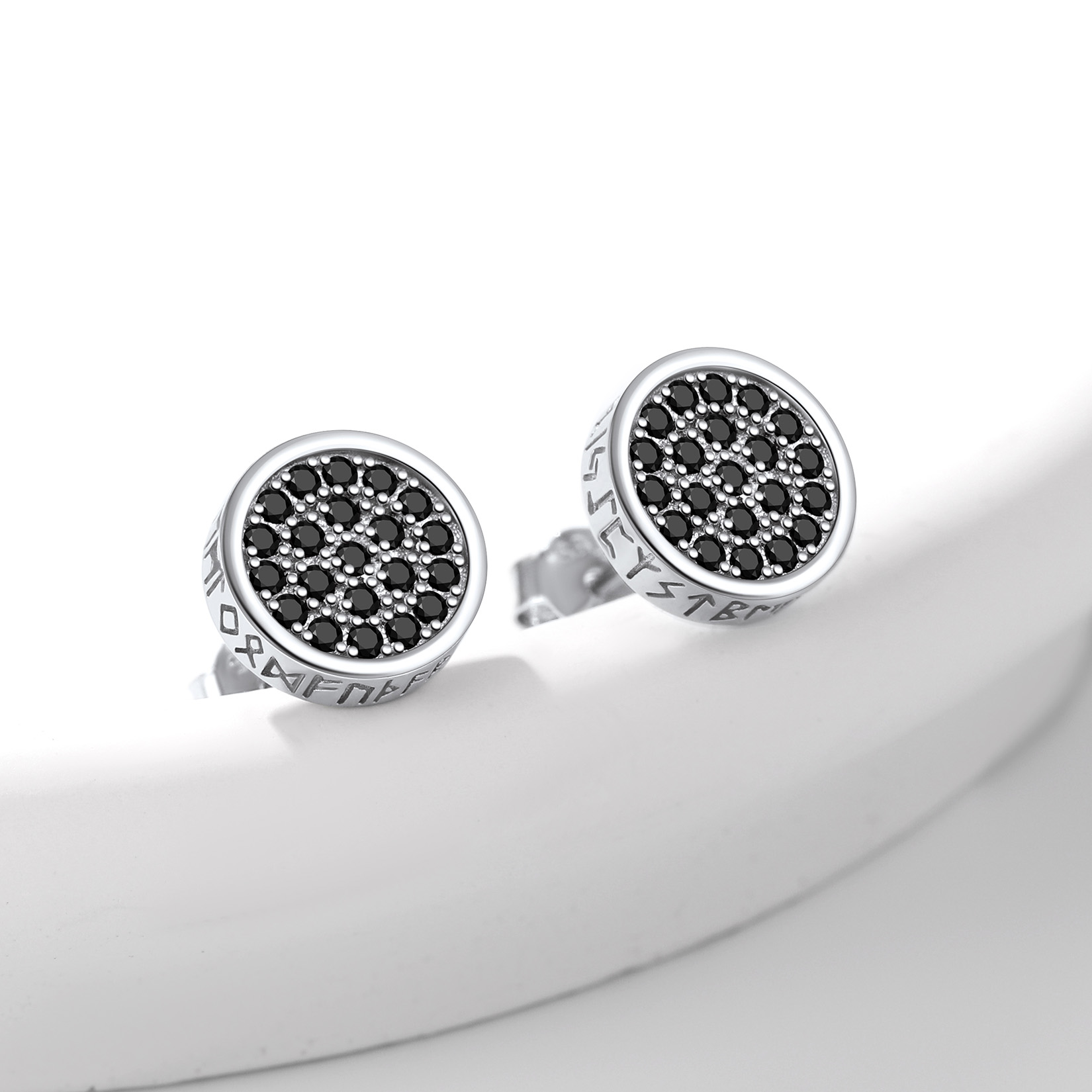 Round Viking Rune Stud Earrings with CZ, Sterling Silver-01