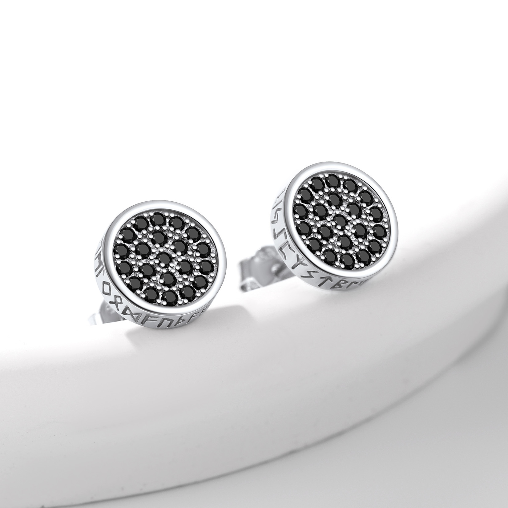 Round Viking Rune Stud Earrings with CZ, Sterling Silver-01