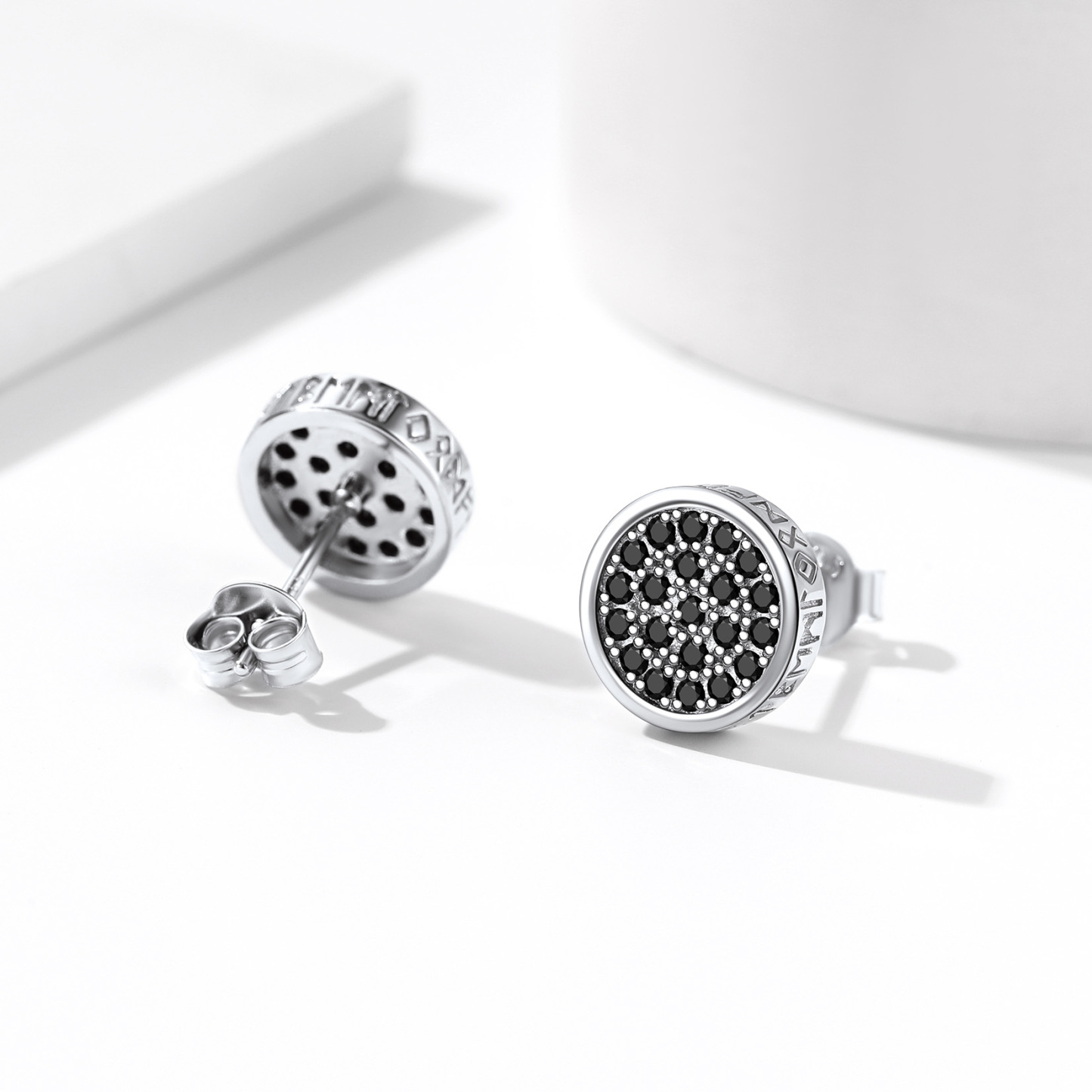 Round Viking Rune Stud Earrings with CZ, Sterling Silver-02
