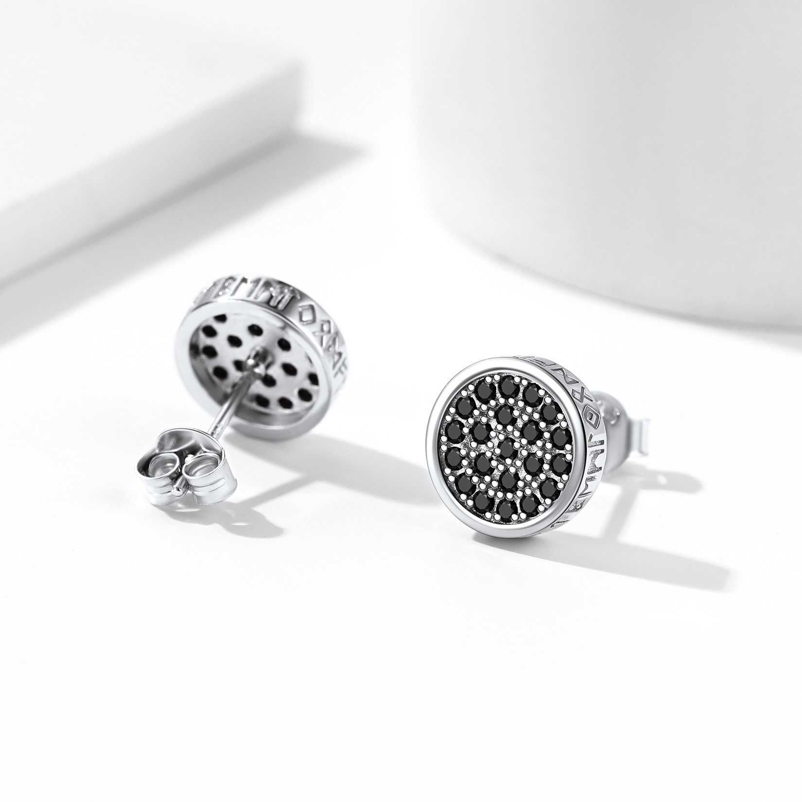 Round Viking Rune Stud Earrings with CZ, Sterling Silver-02