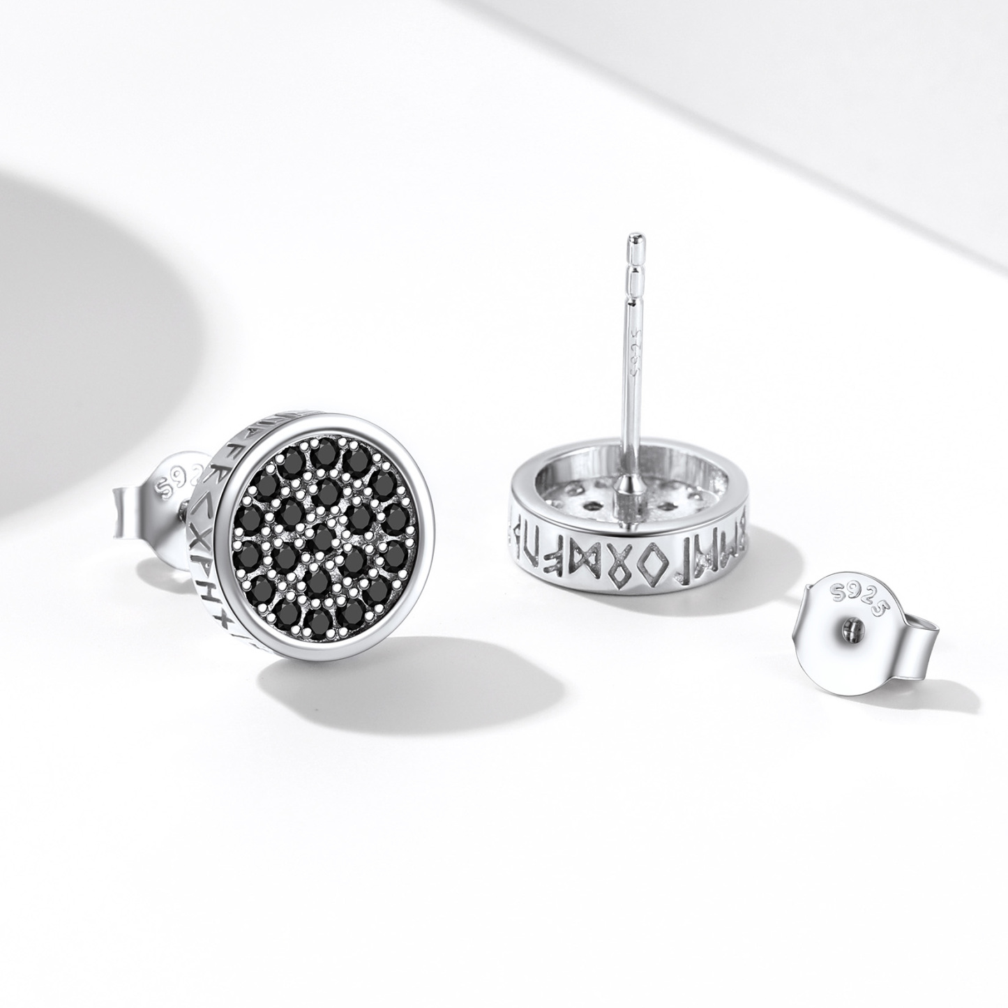 Round Viking Rune Stud Earrings with CZ, Sterling Silver-03