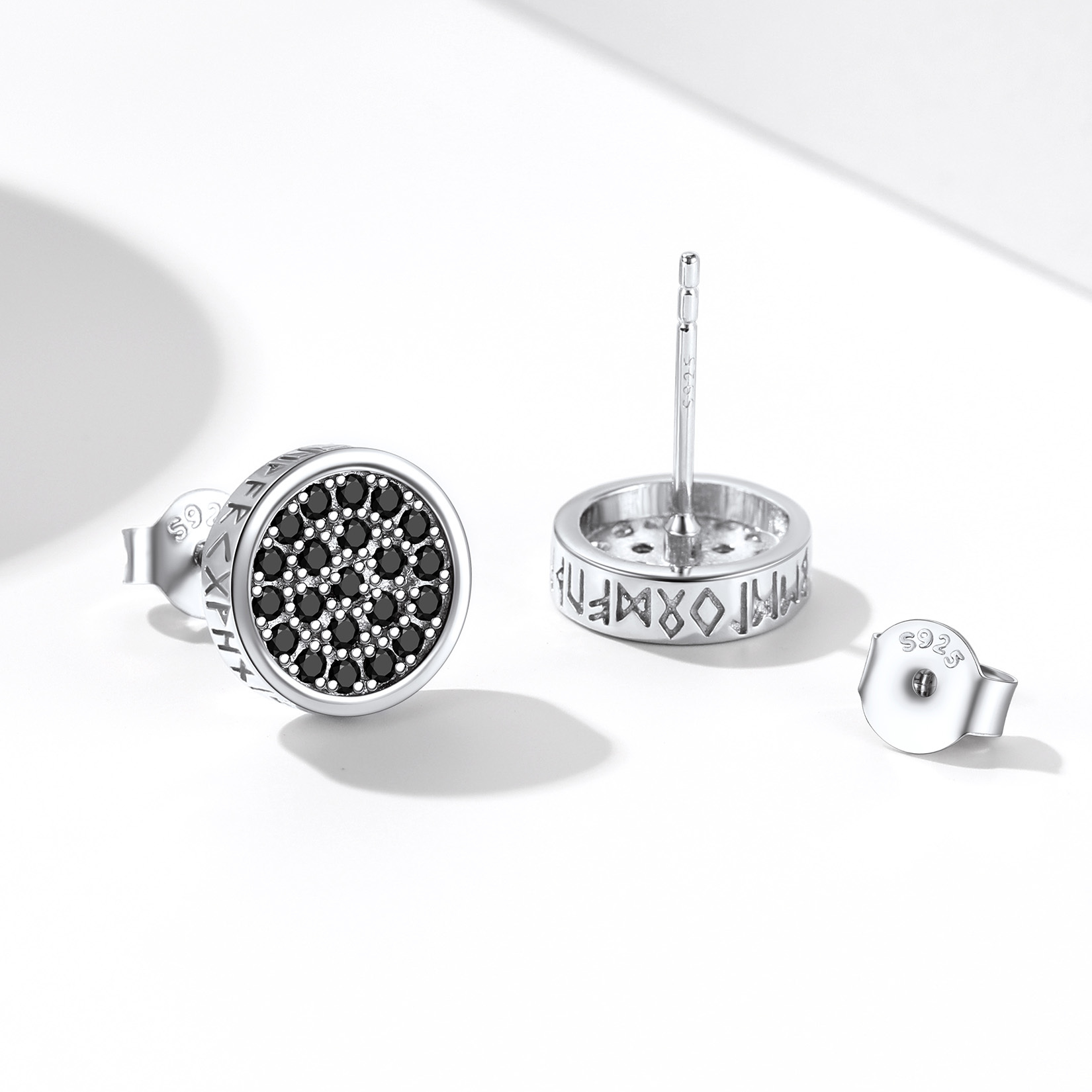 Round Viking Rune Stud Earrings with CZ, Sterling Silver-03
