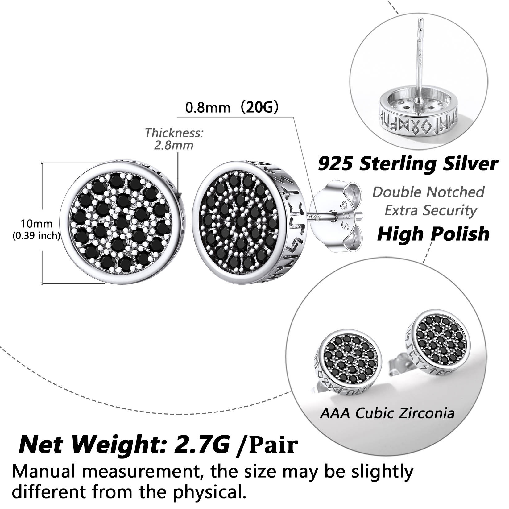 Round Viking Rune Stud with CZ Details-Earrings Size, Weight