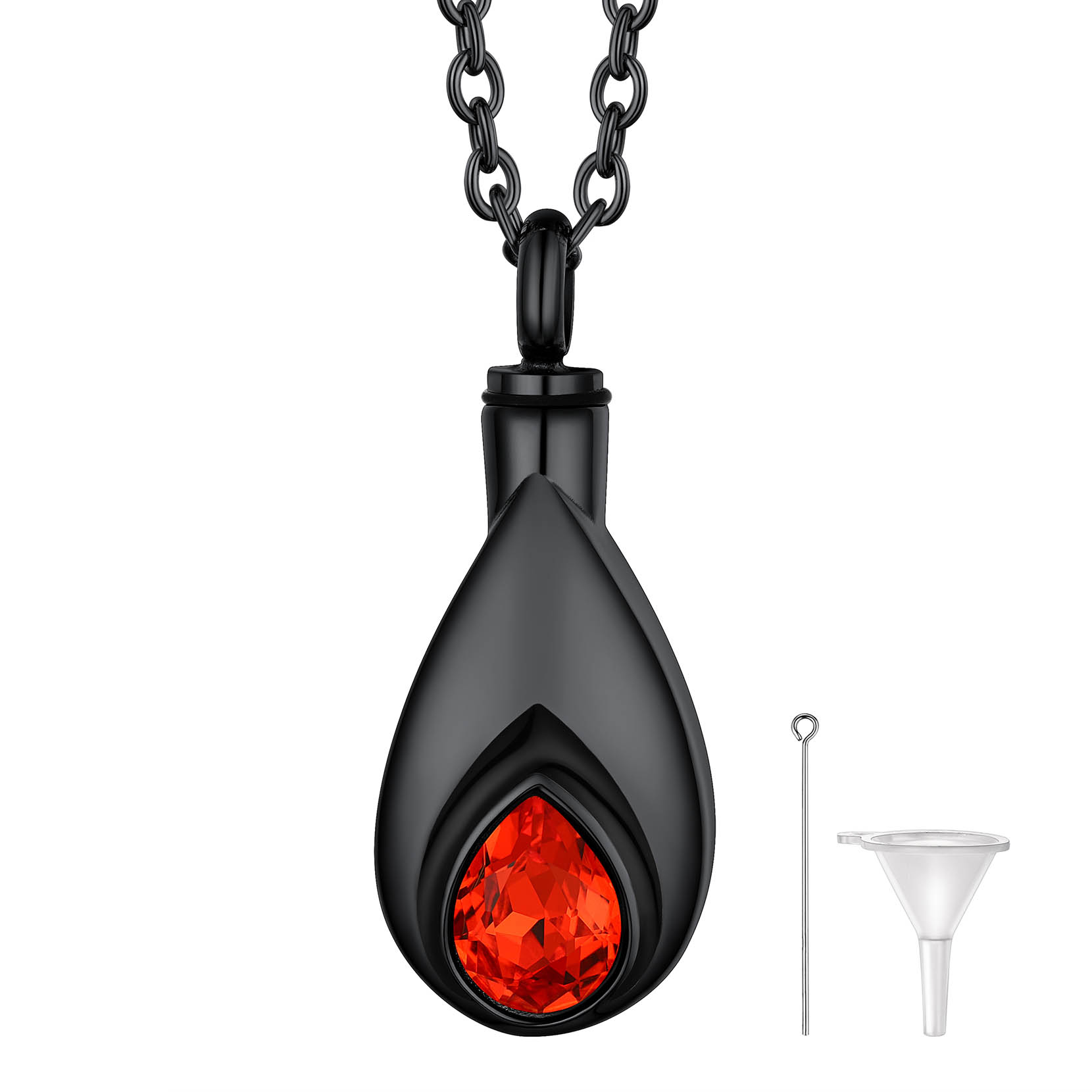 Teardrop Birthstone Pendant Cremation Urn Necklace in Black Plated