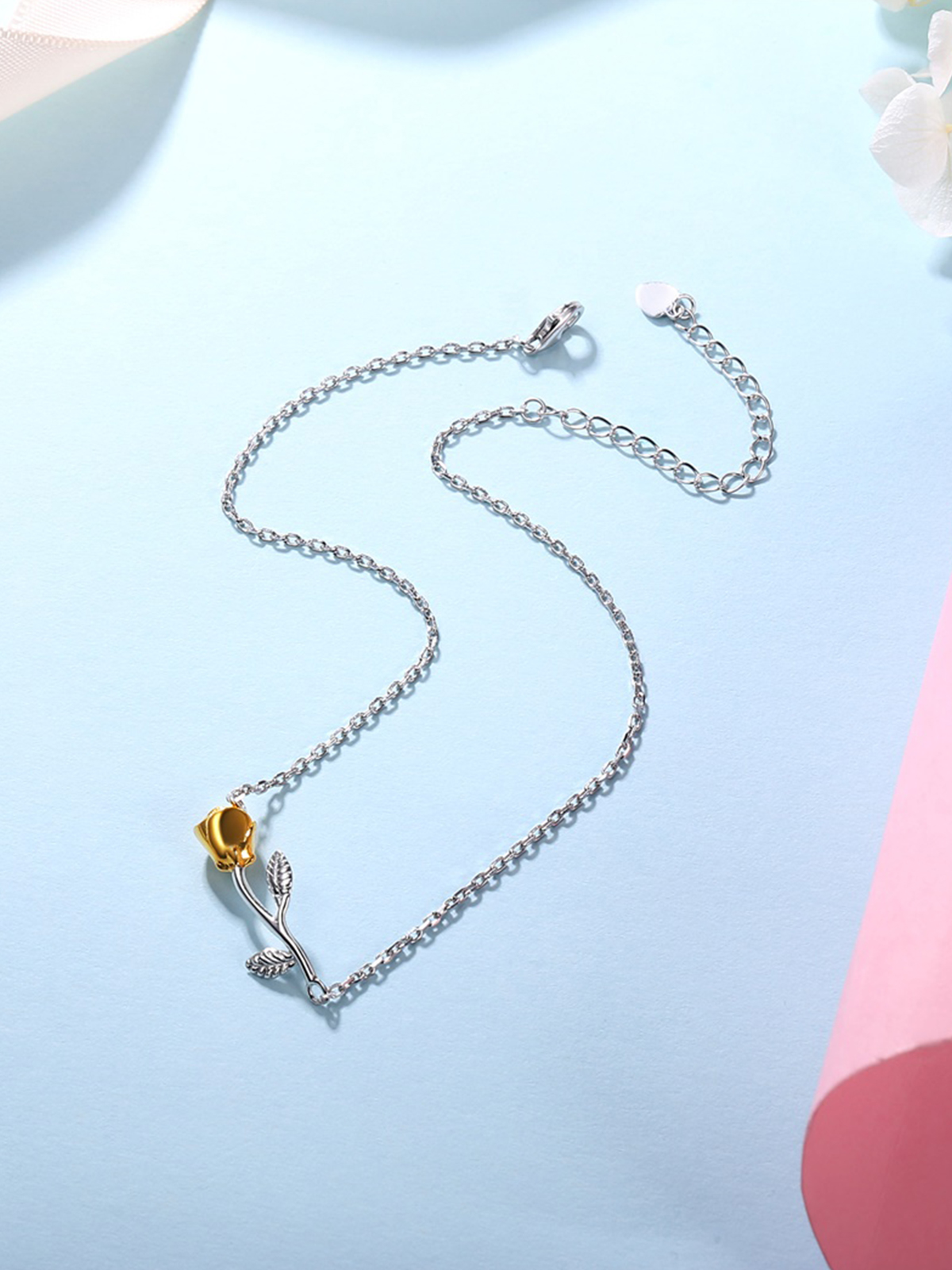 1.5mm Tiny Rose Rolo Link Anklet in Silver