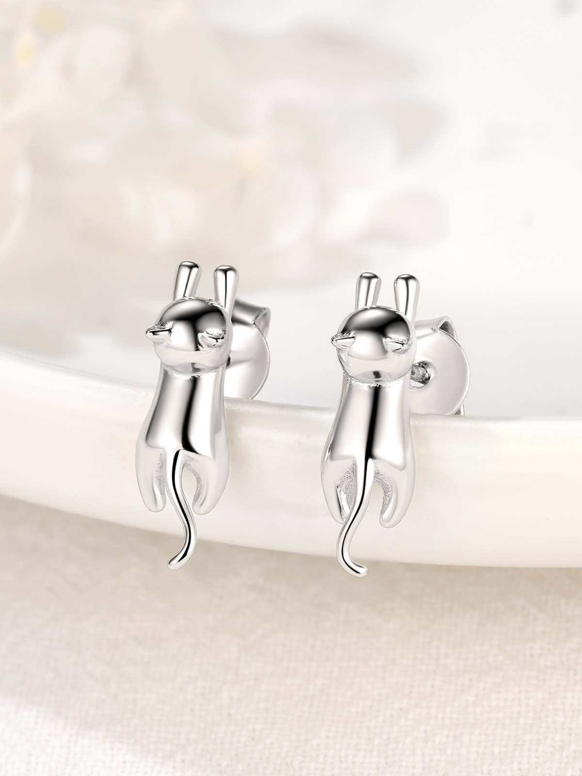 Cute Cat Stud Animal Earrings in Silver