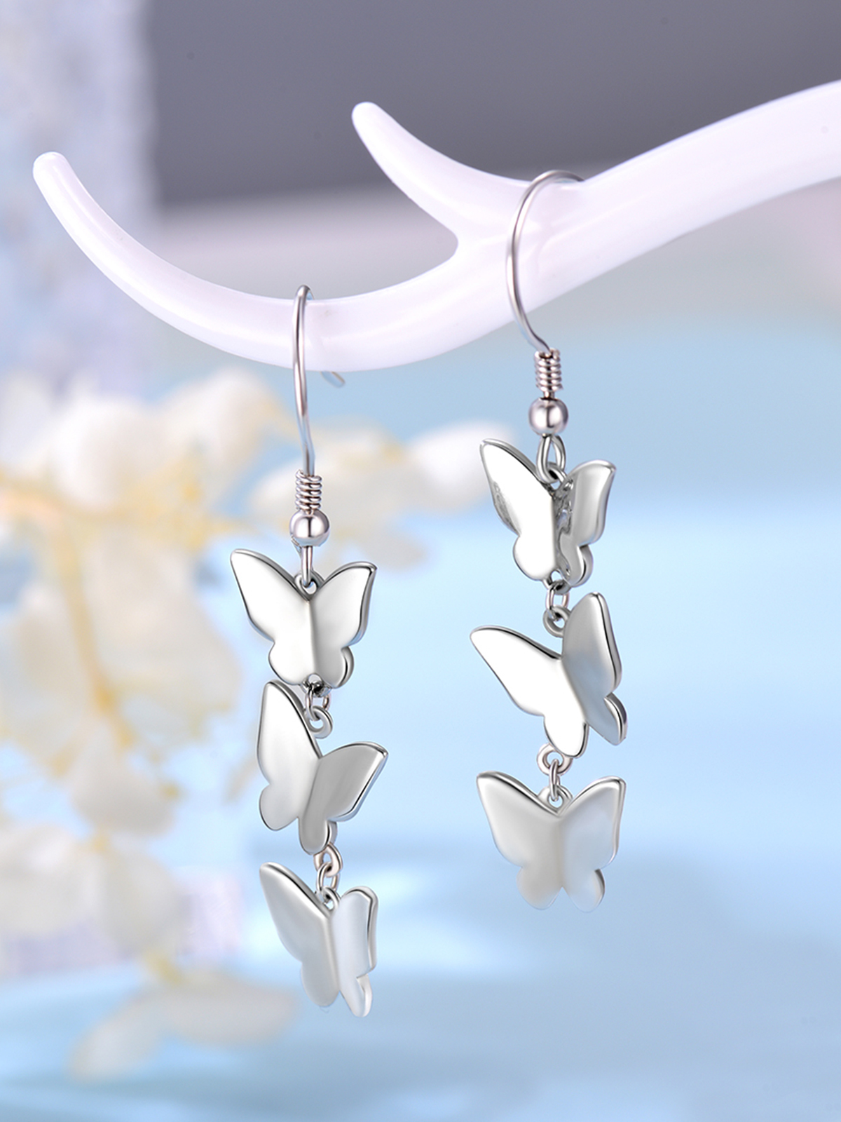Butterfly Dangle Drop Earrings in Silver