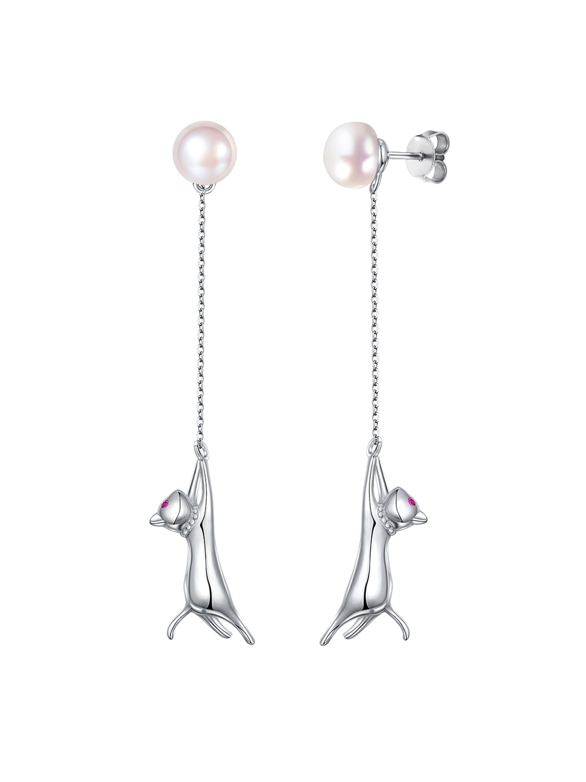 Cute Cat Dangle Drop Earrings with Pearl in Silver