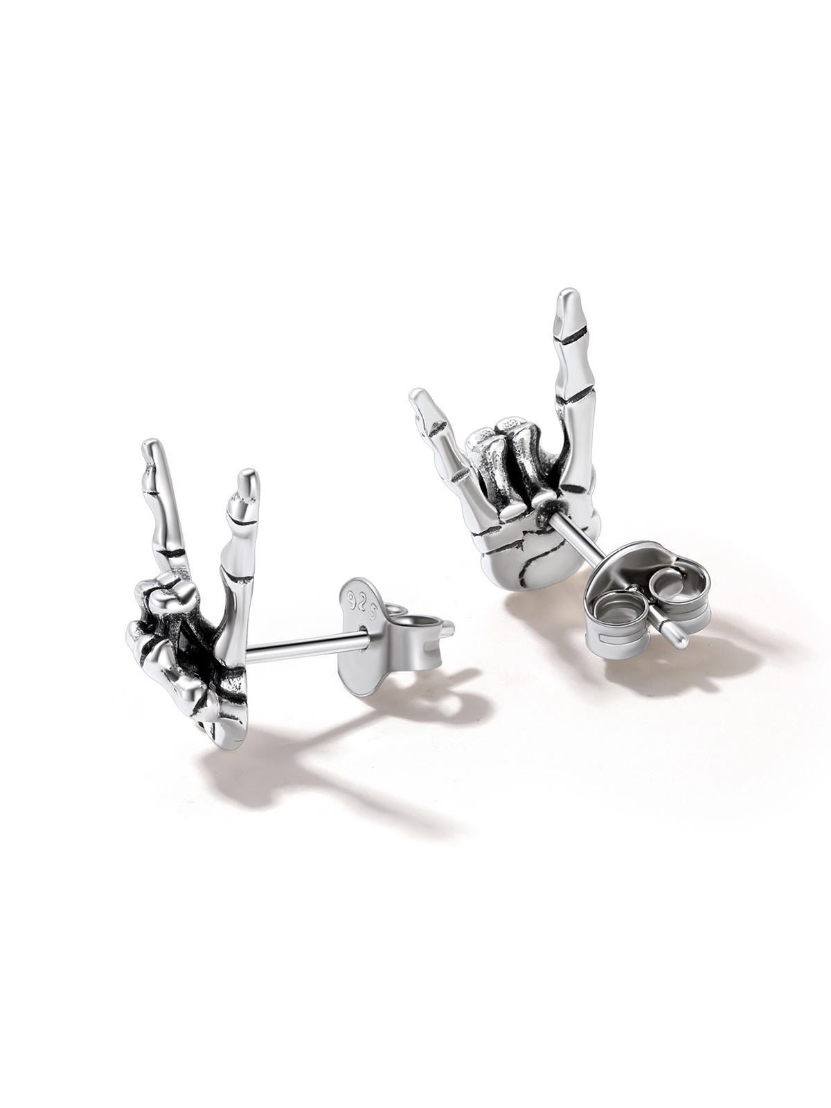 Rock Skull Hand Stud Earrings in Silver