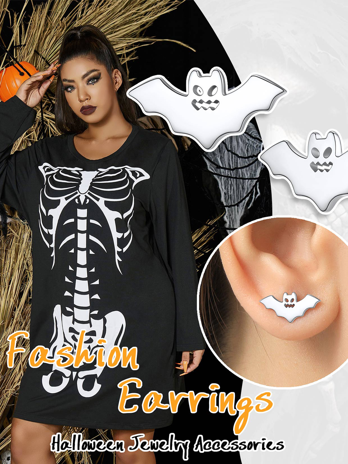 Halloween Gothic Jewelry Bat Stud Earrings in Silver