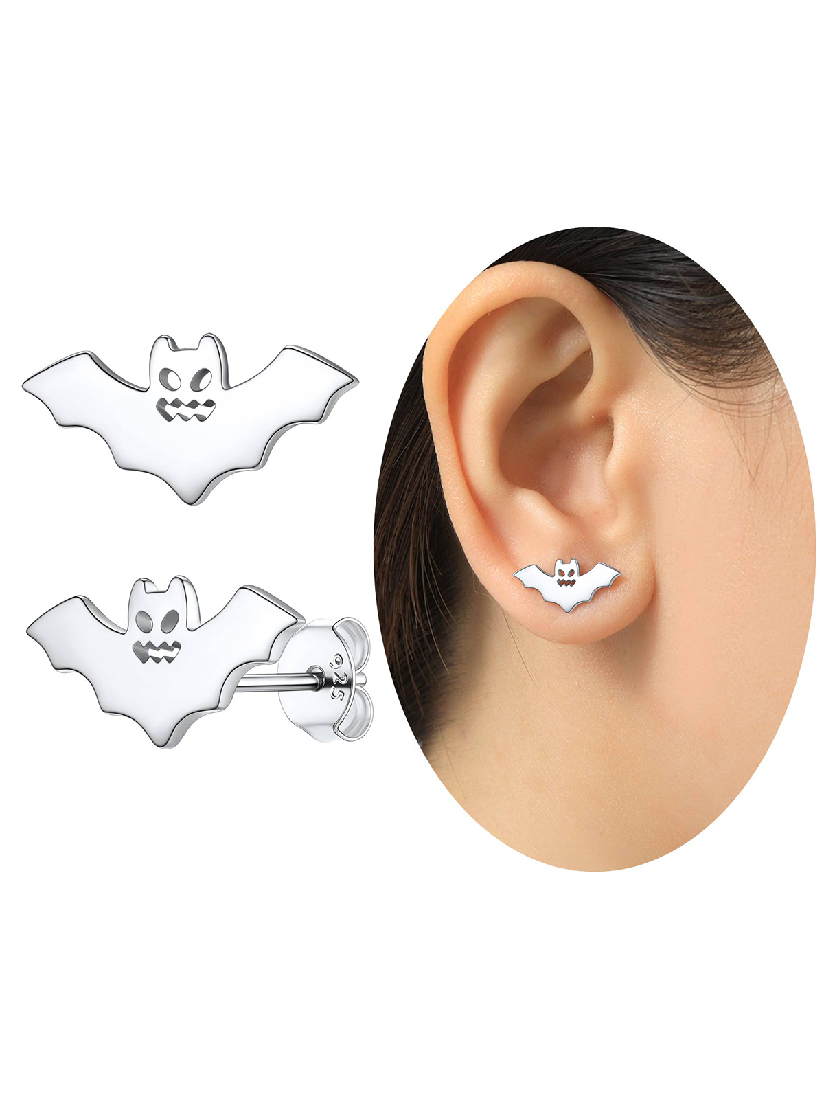 Halloween Gothic Jewelry Bat Stud Earrings in Silver