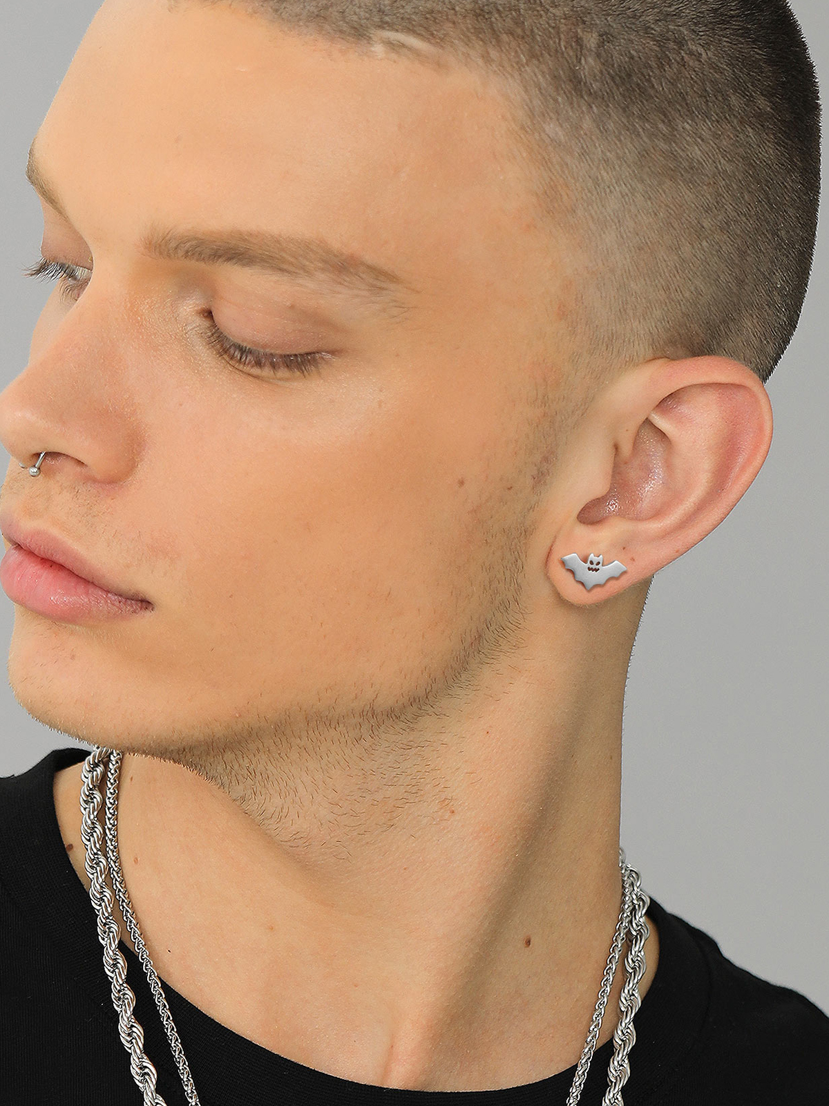 Halloween Gothic Jewelry Bat Stud Earrings in Silver