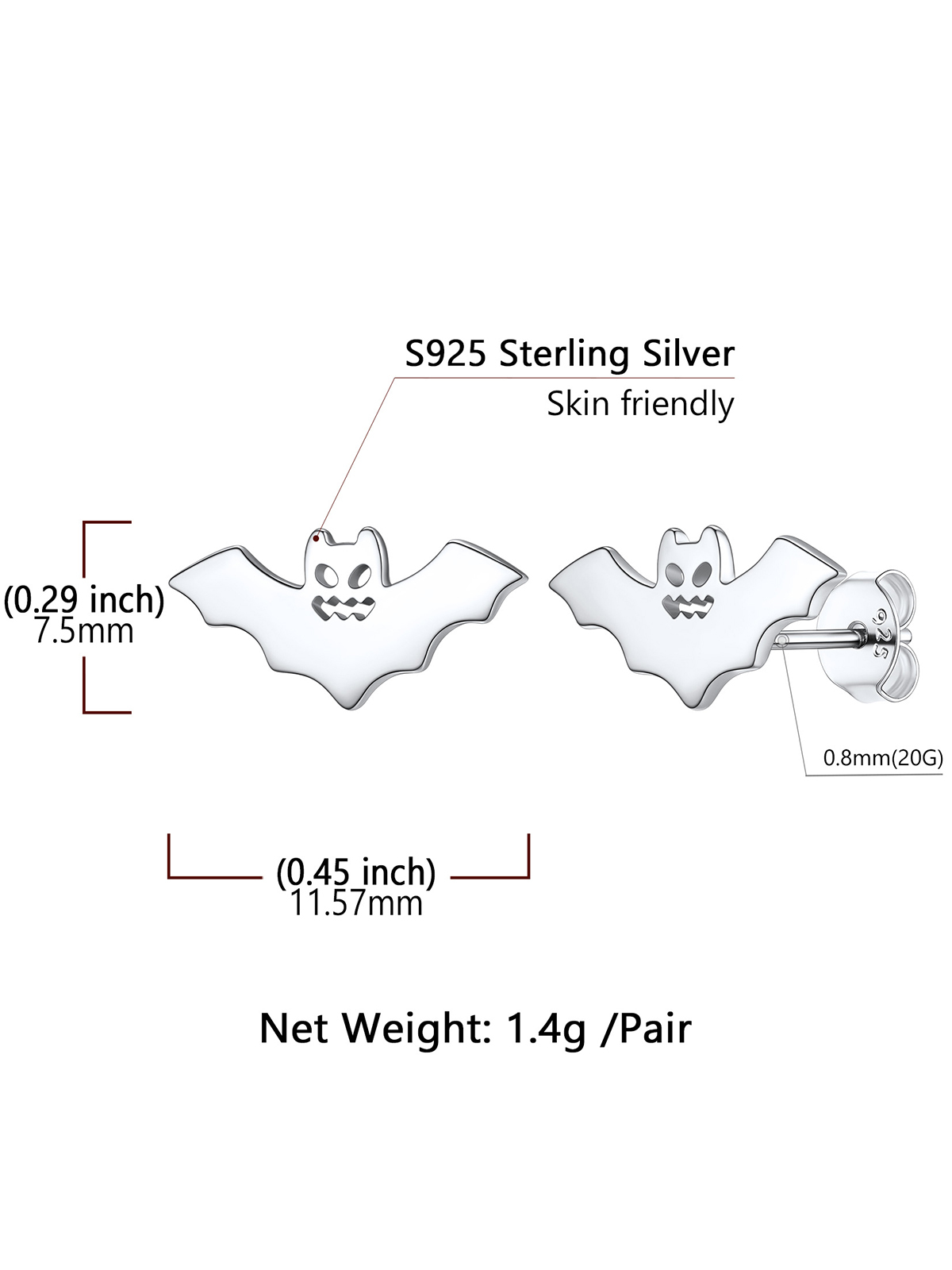 Halloween Gothic Jewelry Bat Stud Earrings in Silver