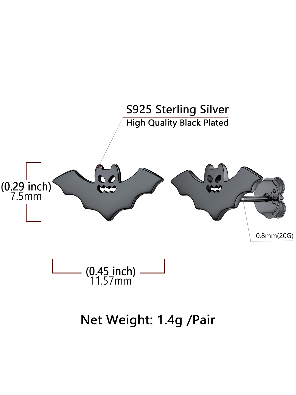 Halloween Gothic Jewelry Bat Stud Earrings in Black Plated