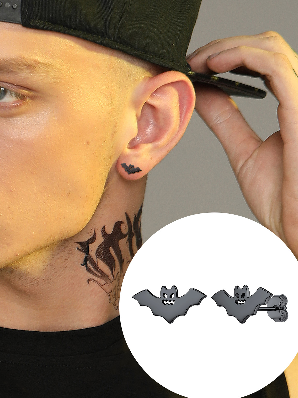 Halloween Gothic Jewelry Bat Stud Earrings in Black Plated