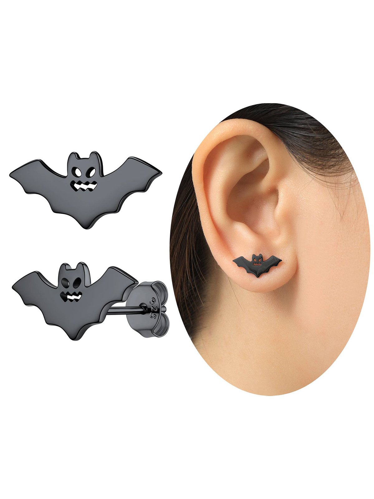 Halloween Gothic Jewelry Bat Stud Earrings in Black Plated