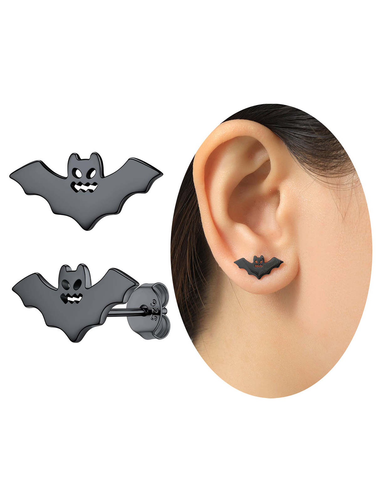 Halloween Gothic Jewelry Bat Stud Earrings in Black Plated
