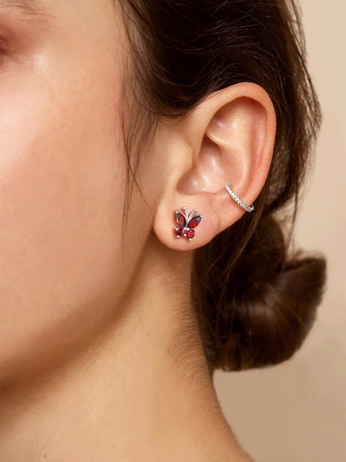 Synthetic Garnet Stud Butterfly Earrings
