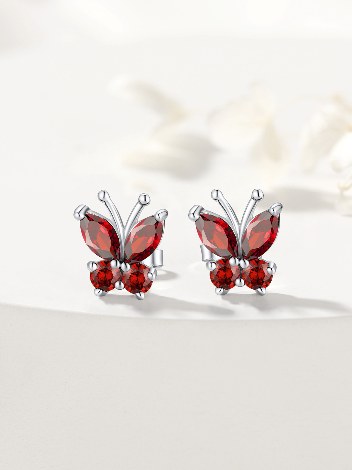 Synthetic Garnet Stud Butterfly Earrings