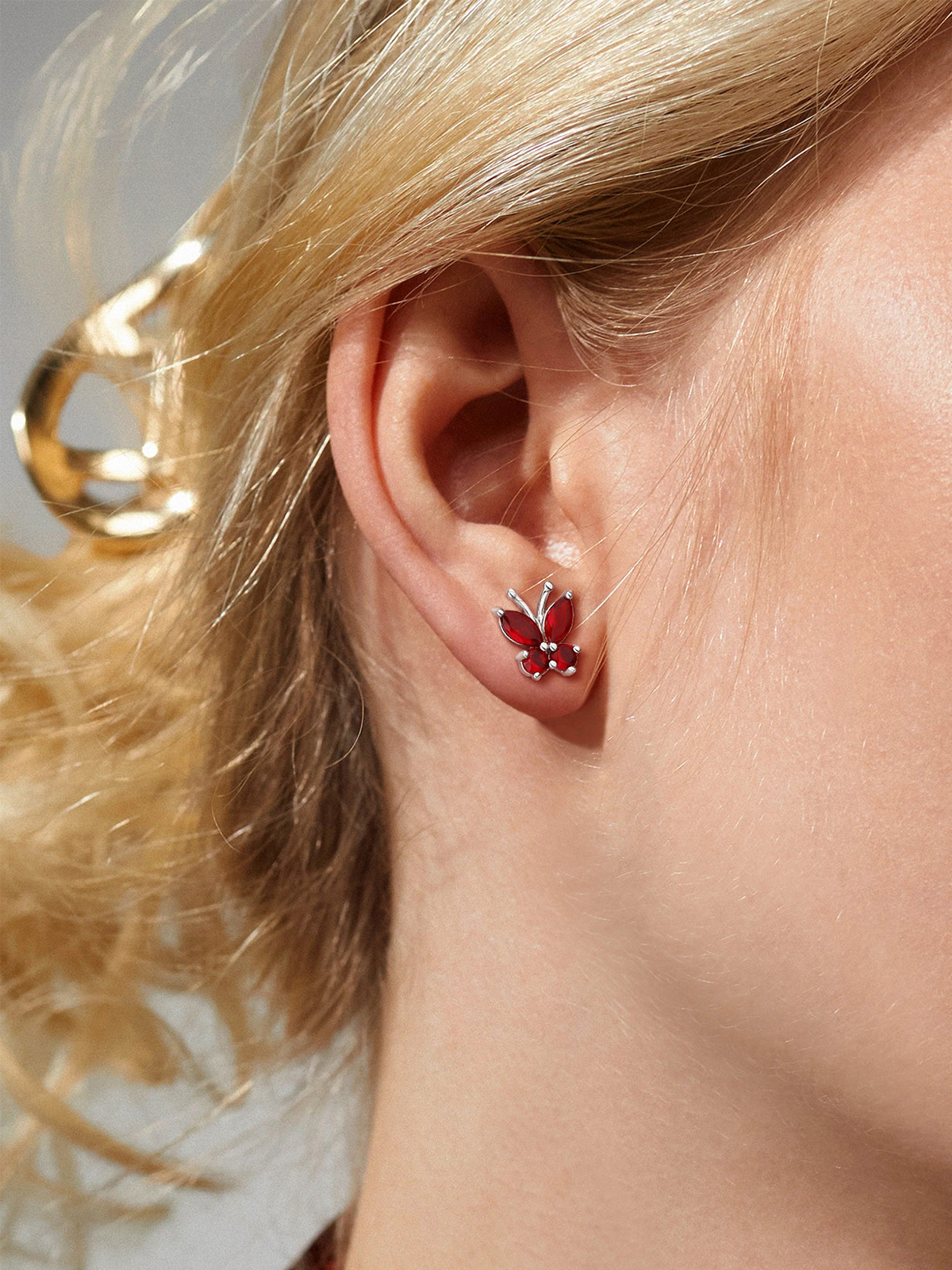 Synthetic Ruby Stud Butterfly Earrings
