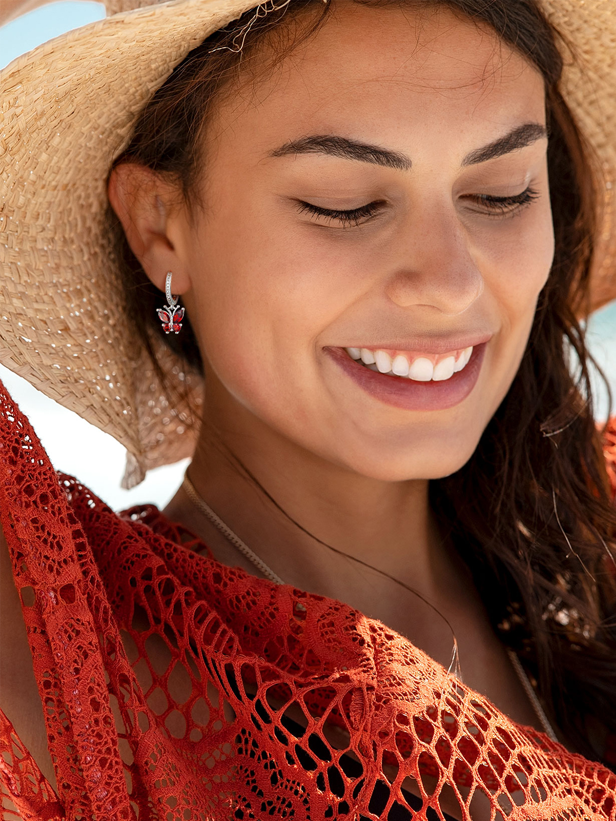 Synthetic Garnet Huggie Hoops Butterfly Earrings