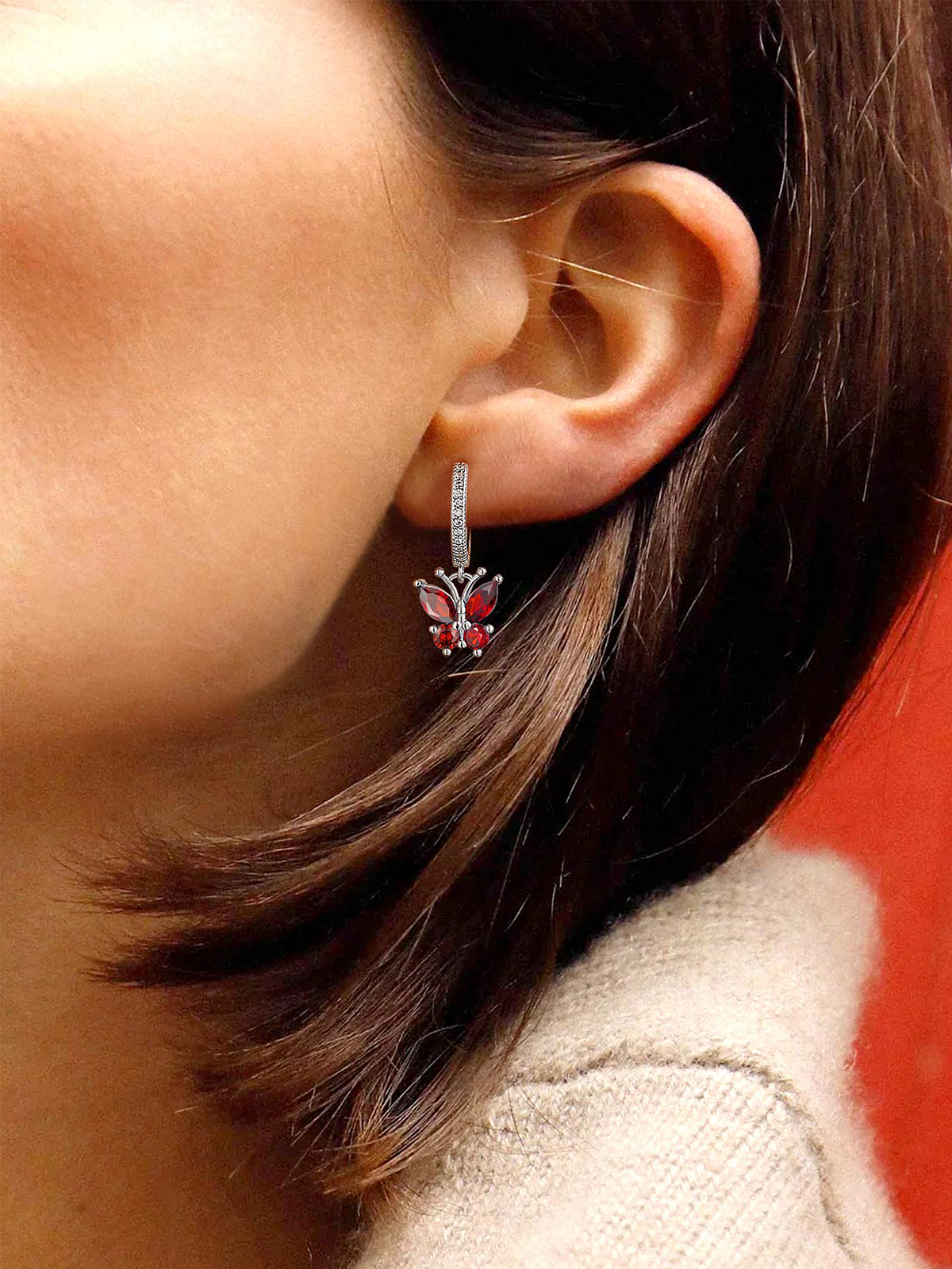 Synthetic Garnet Huggie Hoops Butterfly Earrings