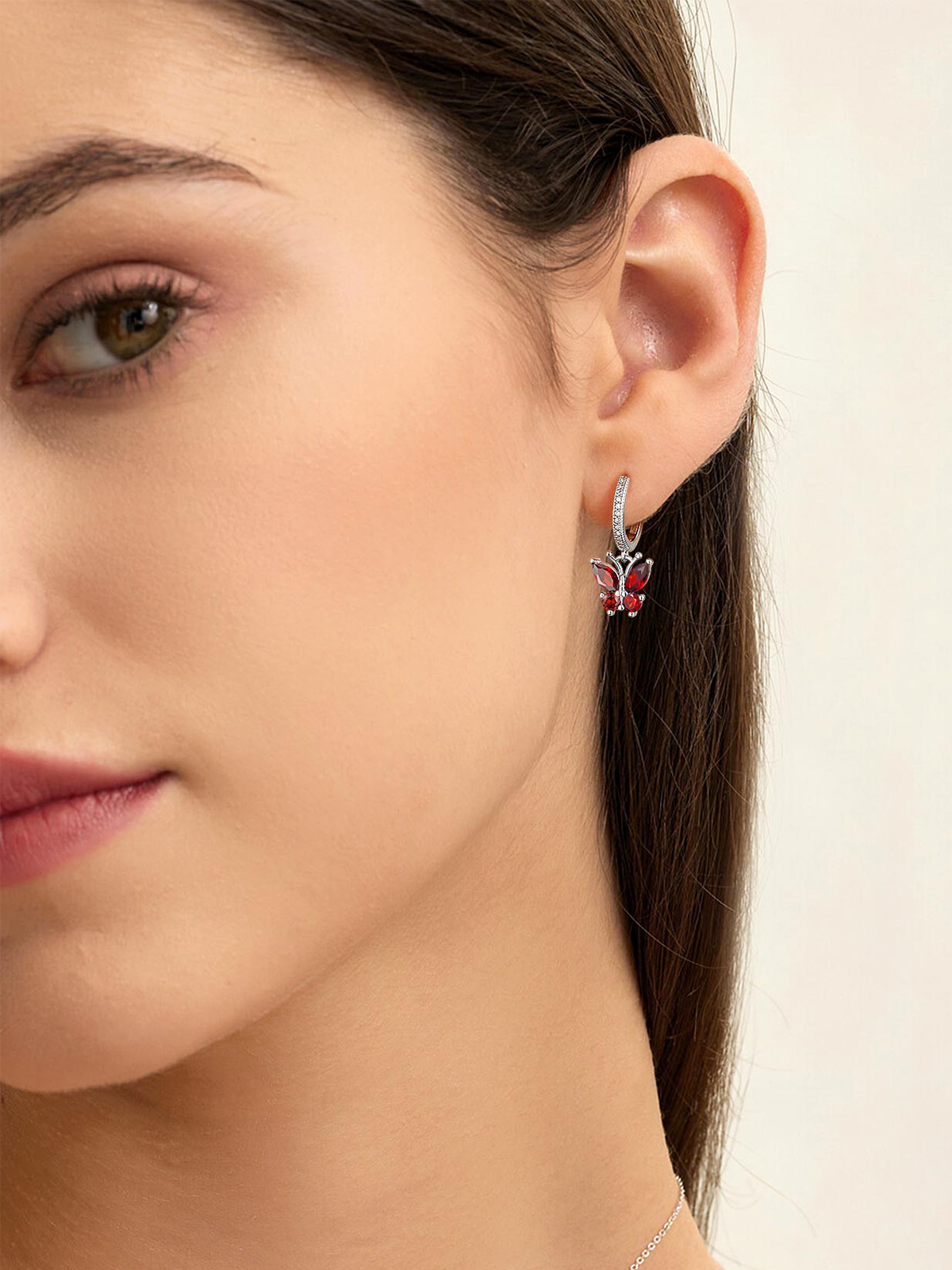 Synthetic Garnet Huggie Hoops Butterfly Earrings
