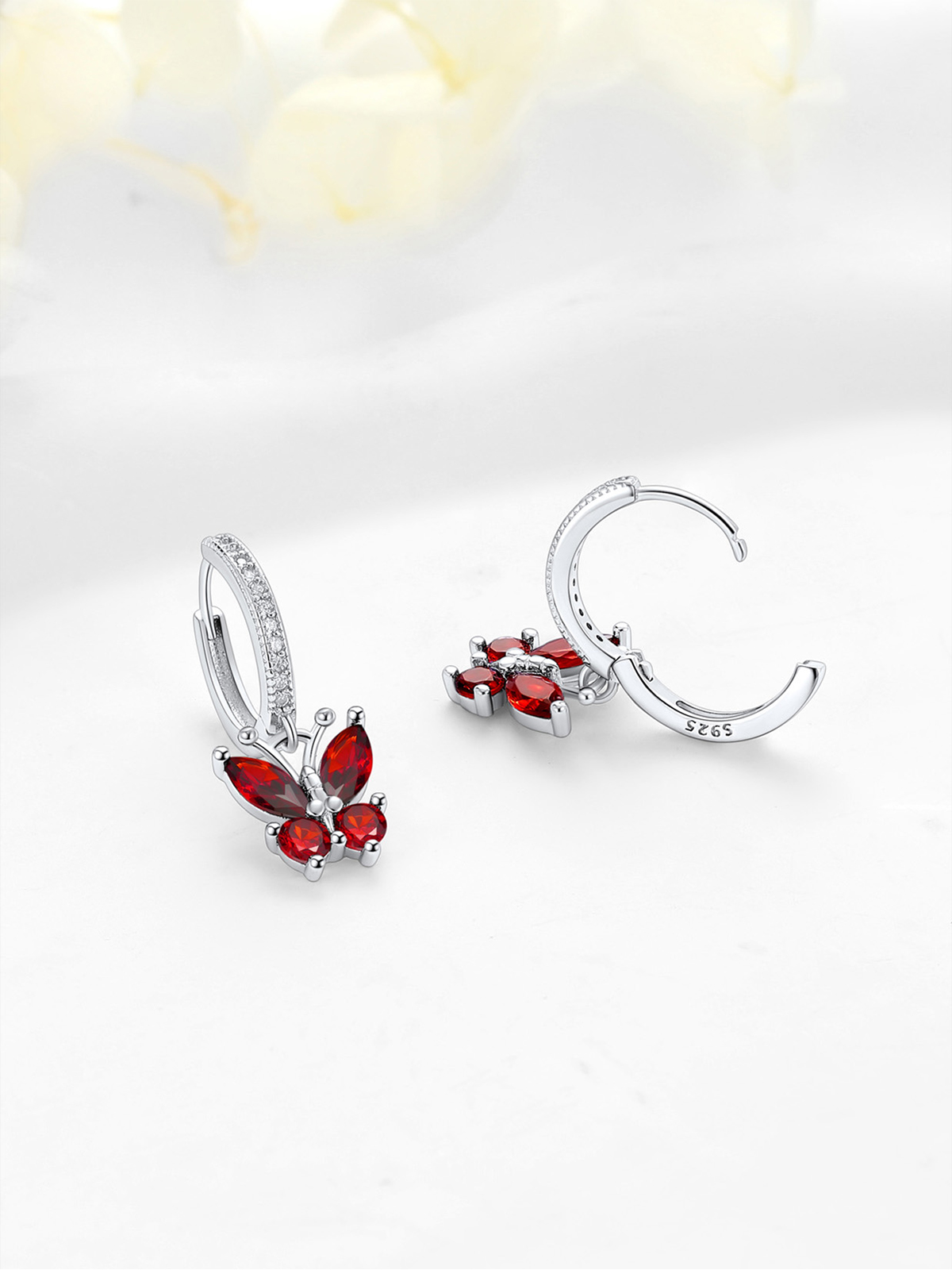 Synthetic Garnet Huggie Hoops Butterfly Earrings