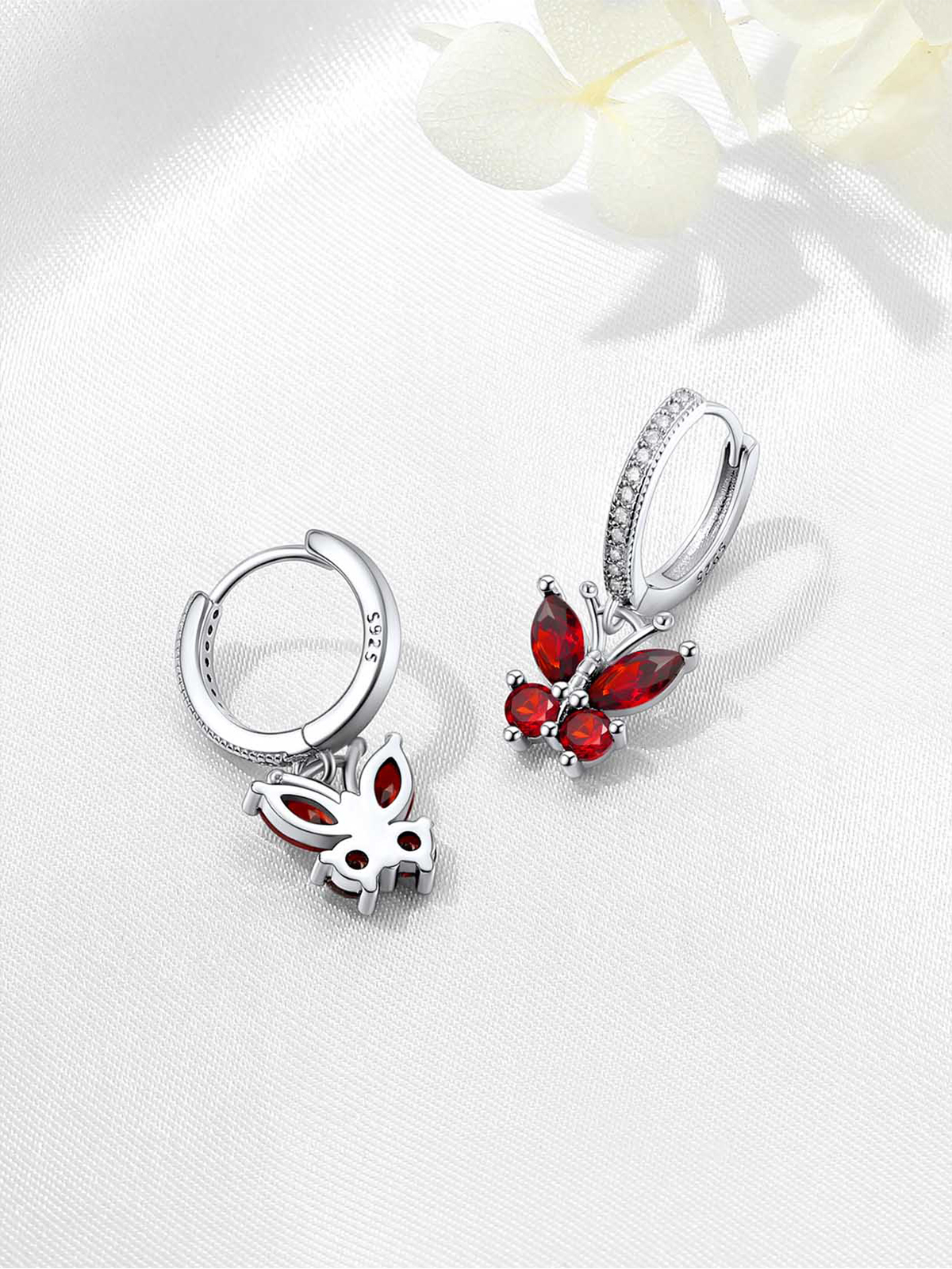 Synthetic Garnet Huggie Hoops Butterfly Earrings