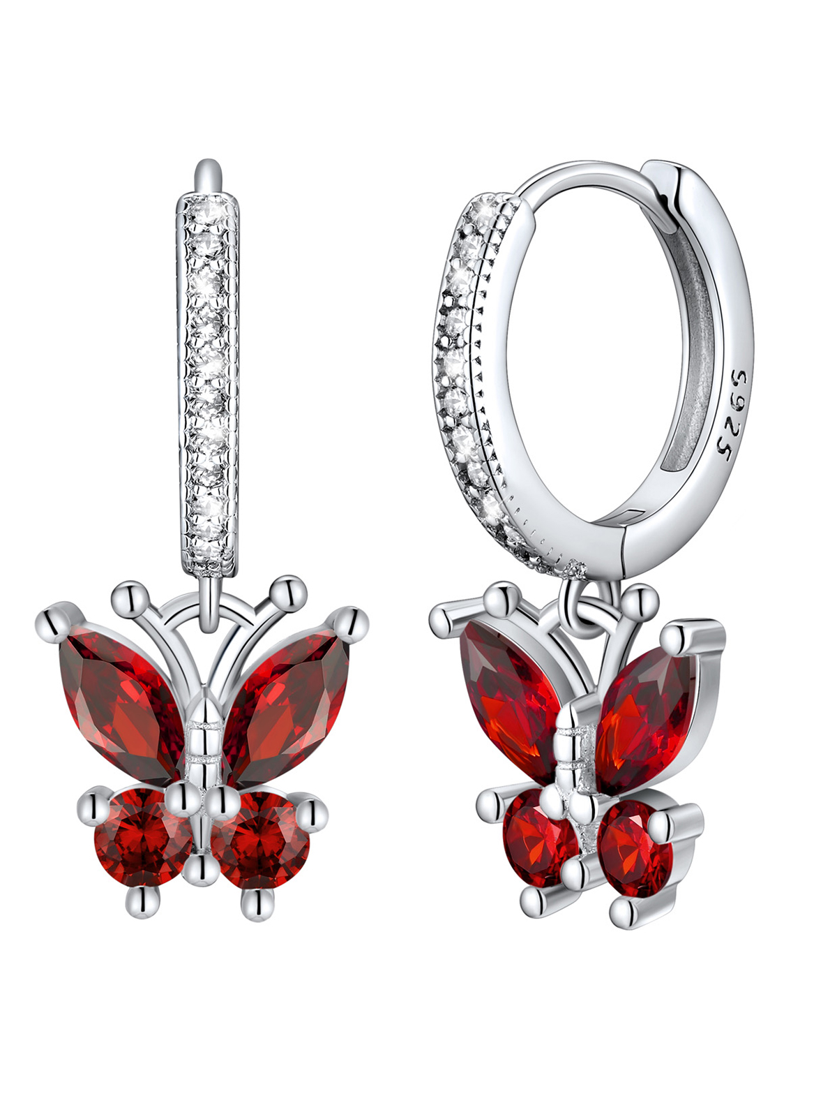 Synthetic Garnet Huggie Hoops Butterfly Earrings