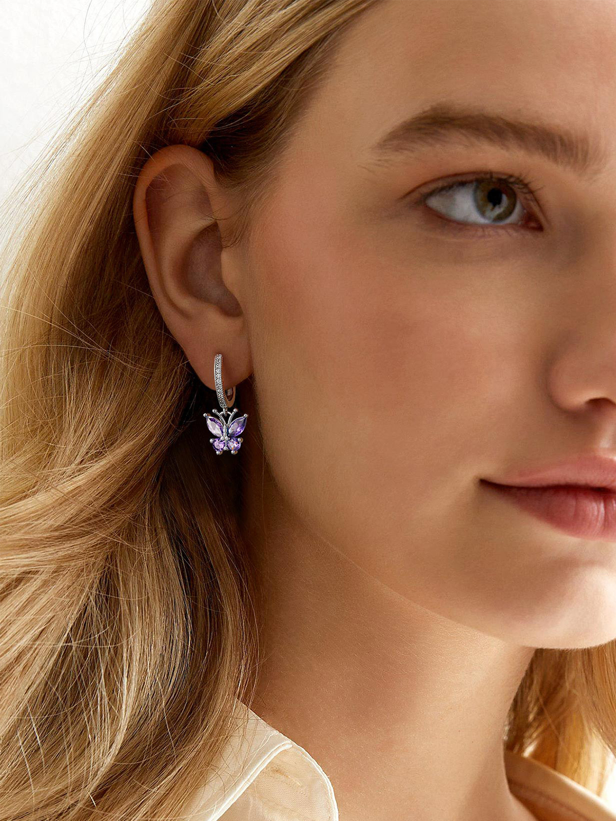 Synthetic Amethyst Huggie Hoops Butterfly Earrings